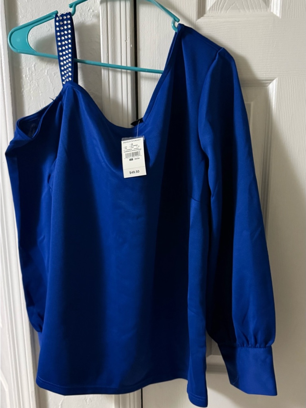 Ashley Stewart Studded One-Shoulder Top in Royal Blue